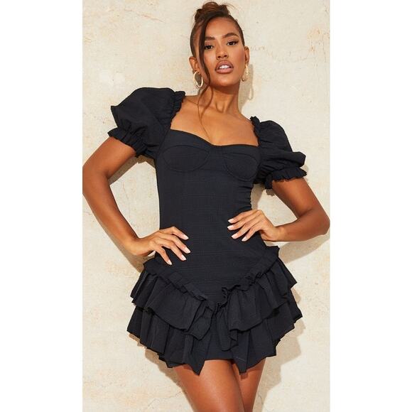 PrettyLittleThing Ruffle Black Dress Size 2 - Picture 1 of 6